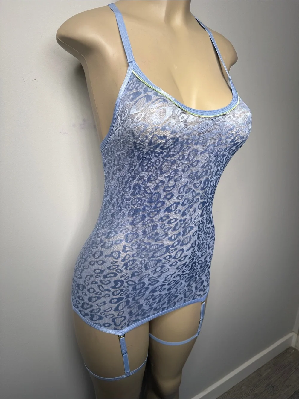 Blue Sheer Leopard Lace Slip with Garter Straps - Women's Intimates